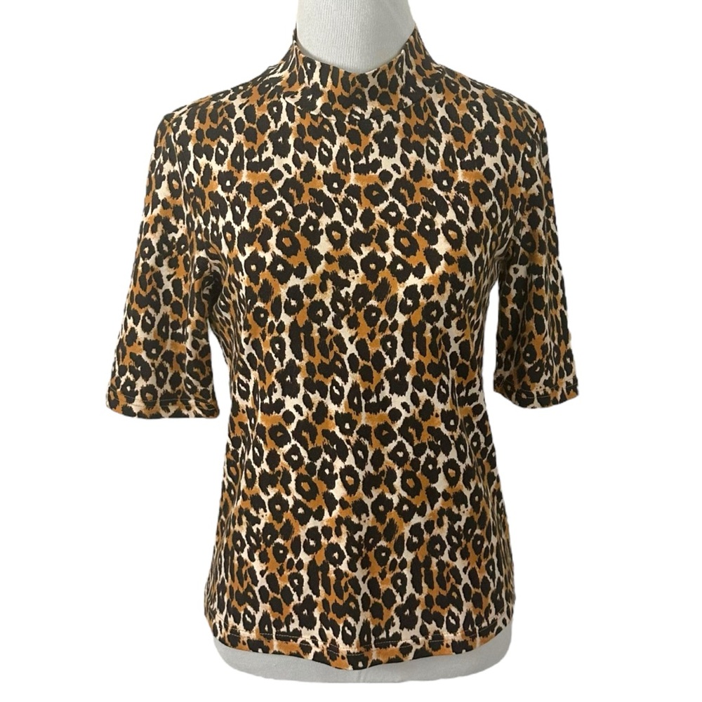 Anthropologie Leopard Short Sleeved Turtleneck Top Size XS Corporate Preppy